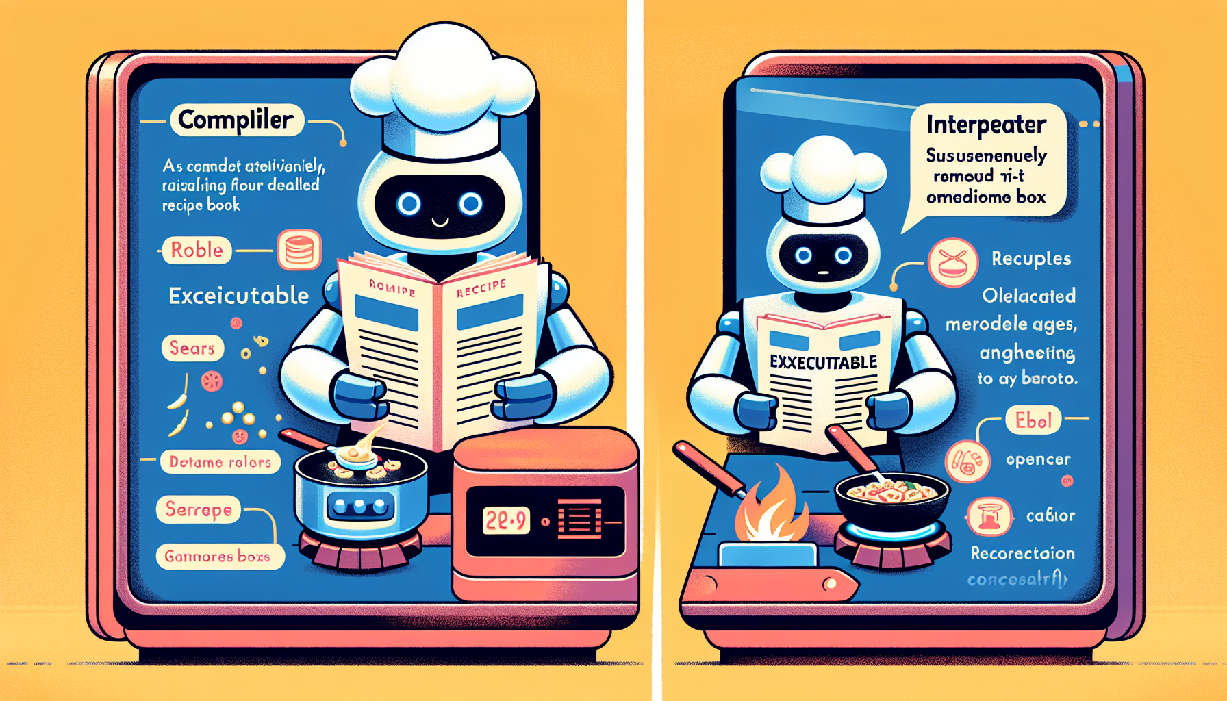 A robot chef labeled 'Compiler' carefully studies a recipe book and produces a sealed meal box labeled 'Executable'